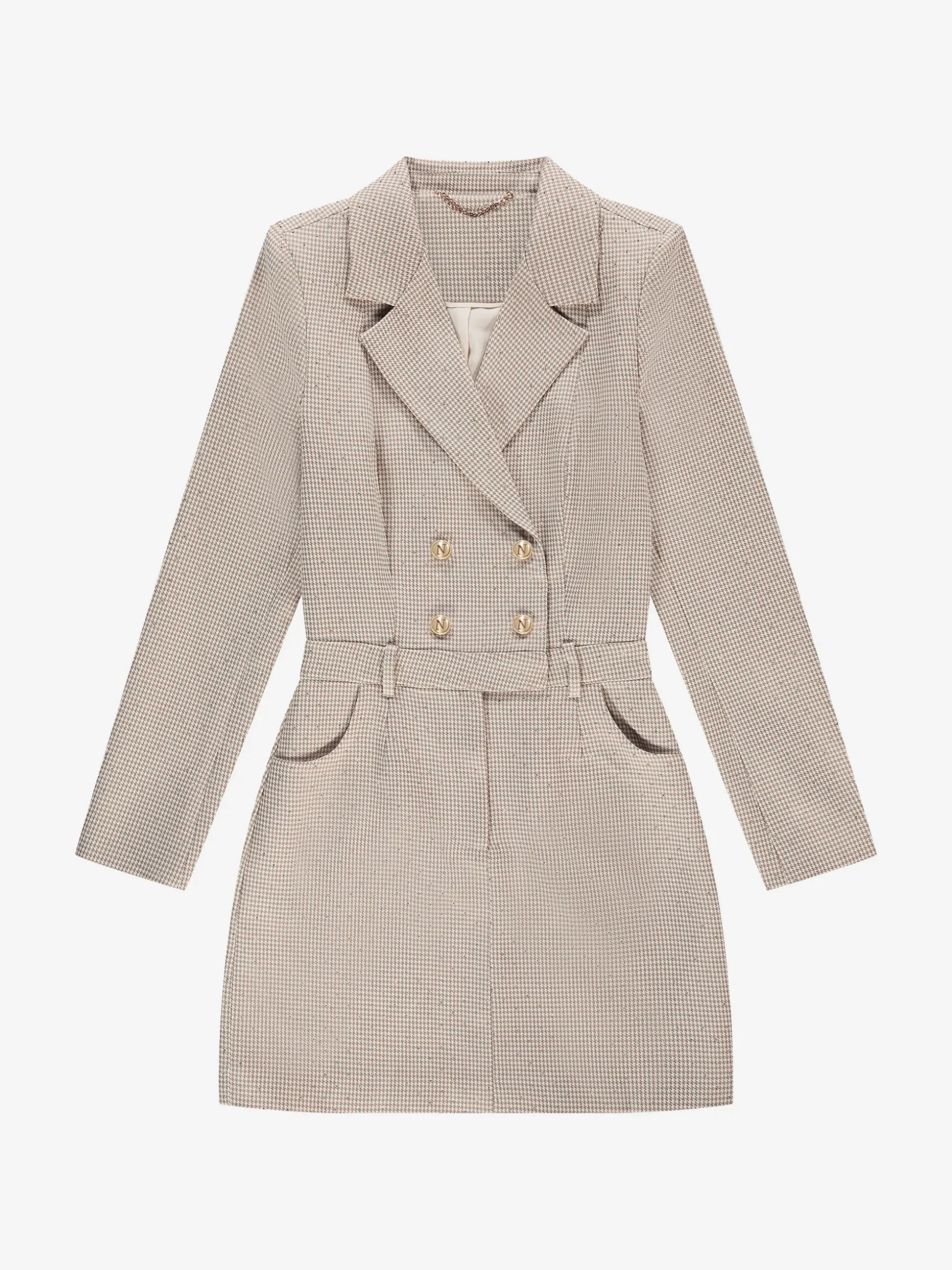 Aansluitende blazer jurk met pied-de-poule patroon en strass steentjes