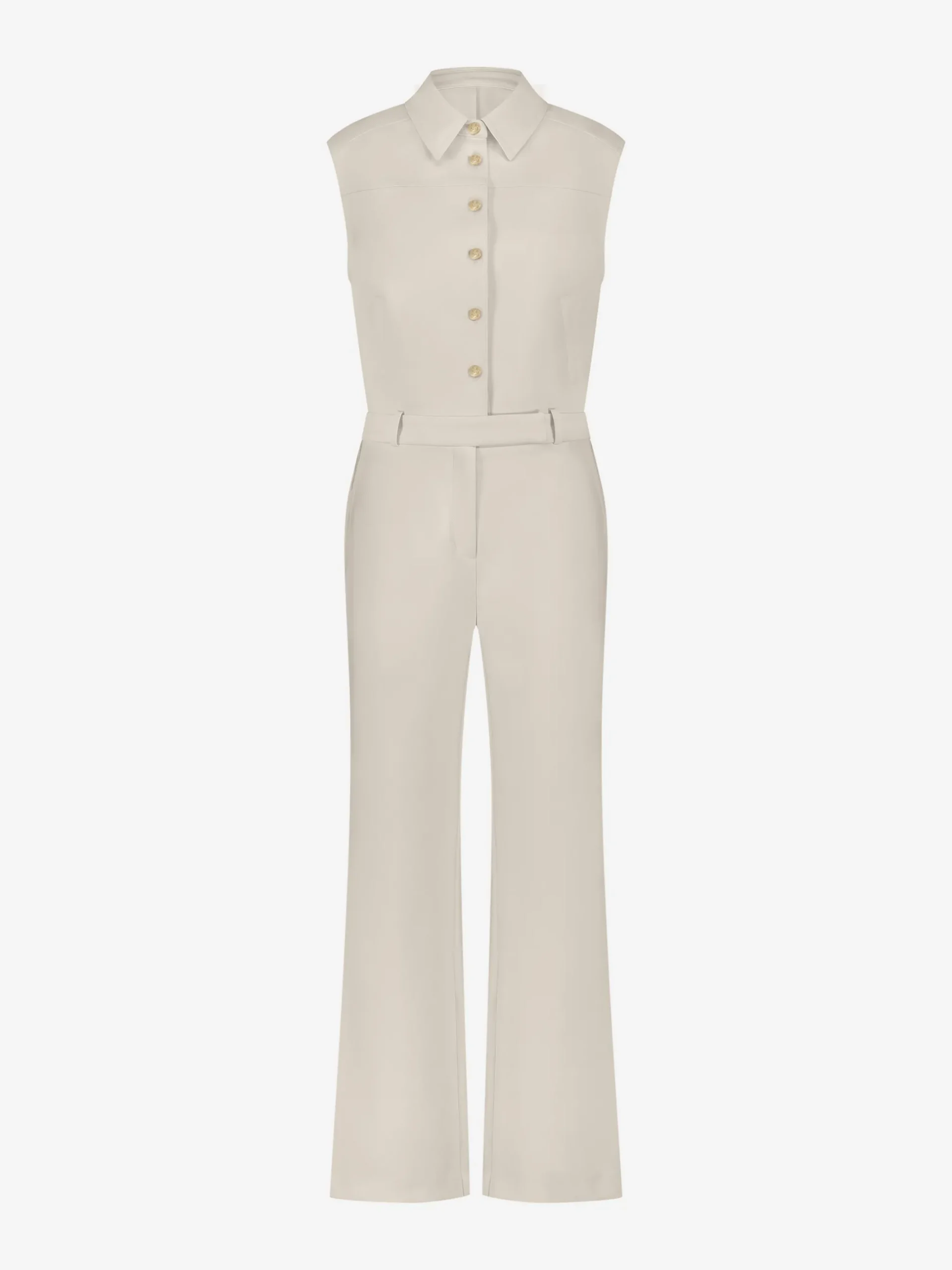Aansluitende jumpsuit met rij FH knopen en wijde pijpen
