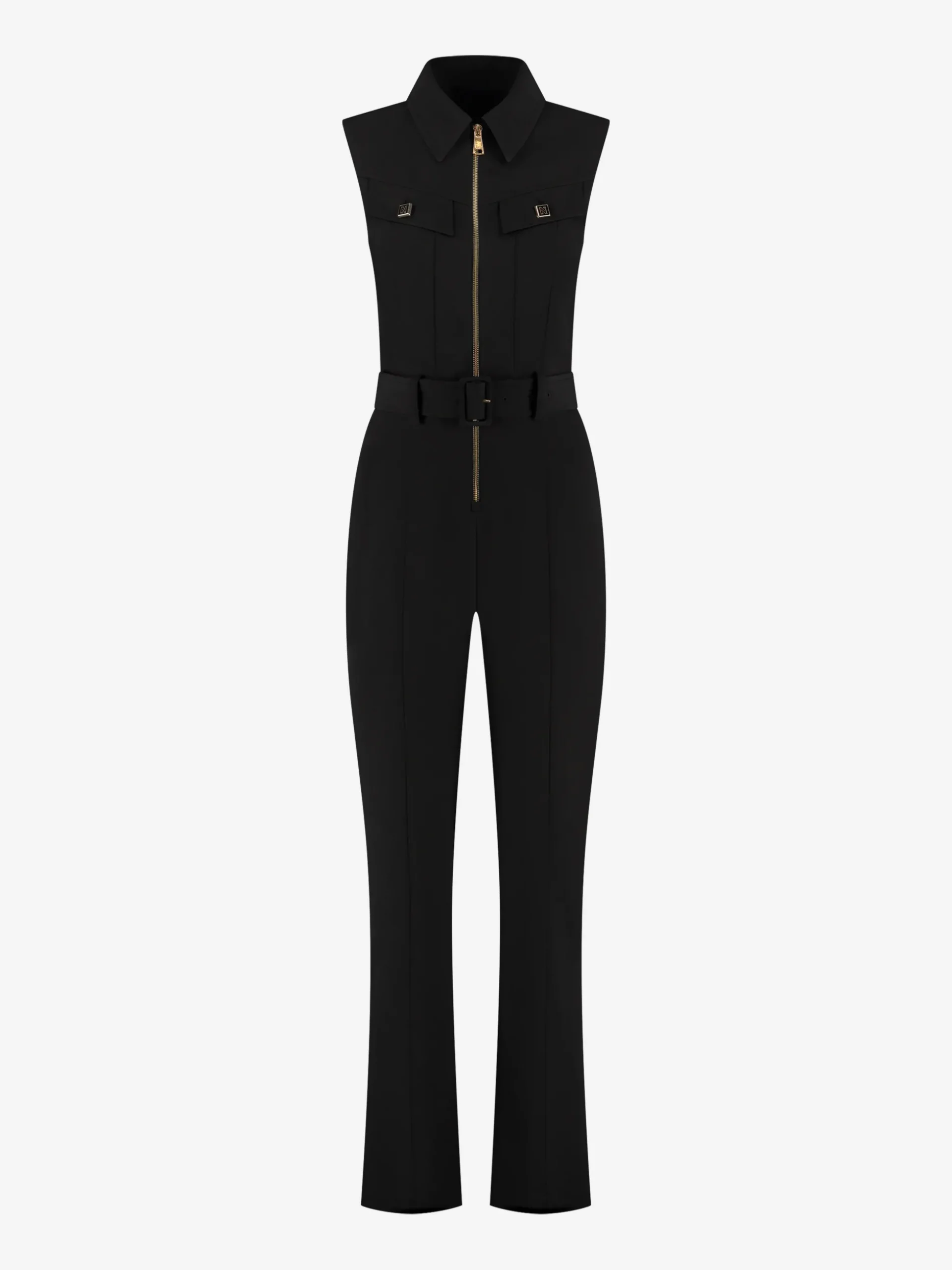 Aansluitende jumpsuit met centrale rits en ceintuur