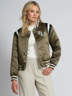 Bomber jack met geborduurd logo en gestreepte details