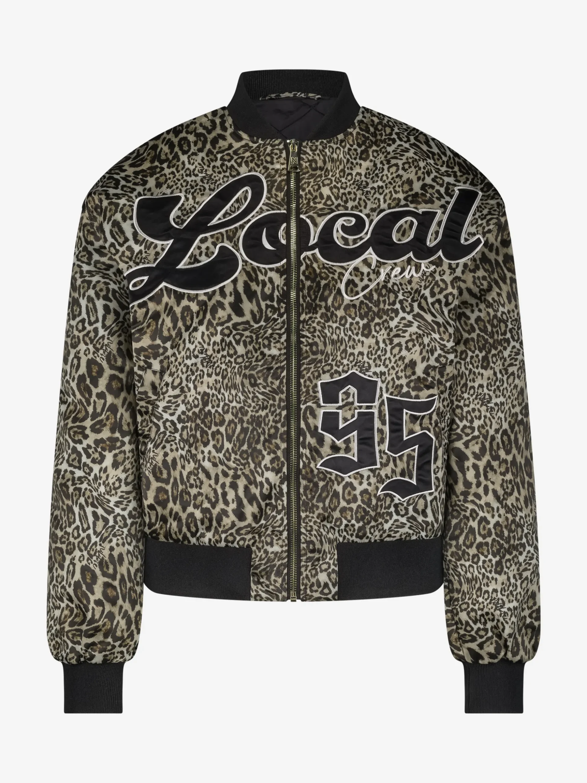 Bomberjack met luipaardprint en grafische letters