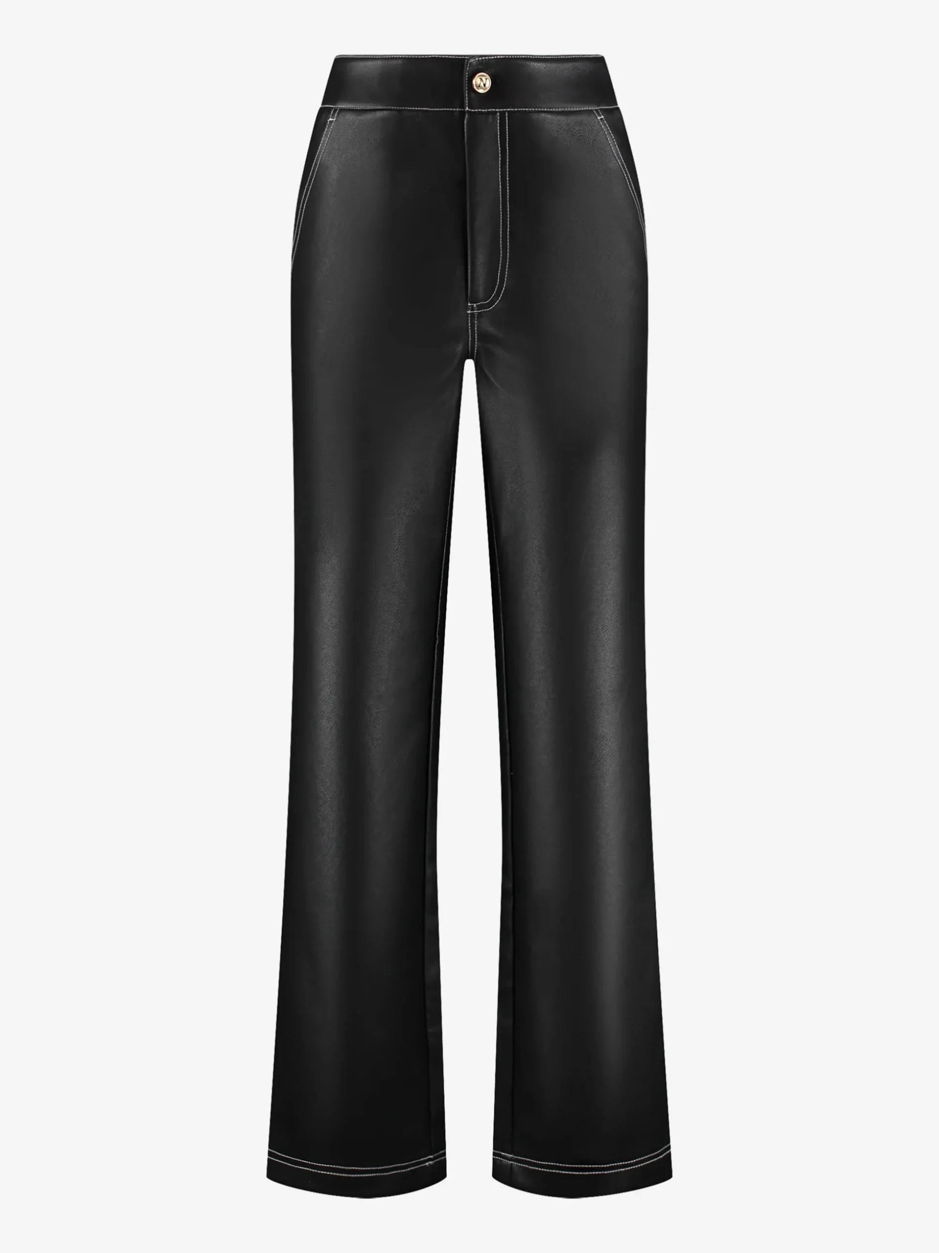 Broek van imitatieleer met witte stiksels