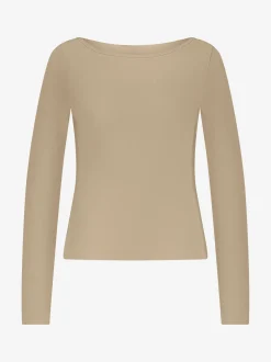 Geribbelde top met boothals en NIKKIE logo aan zijkant