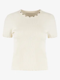 Geribbelde top met gerafelde mouwen en studs