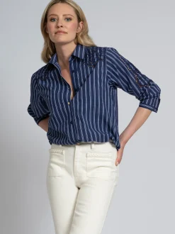 Gestreepte blouse met kanten cut-out details