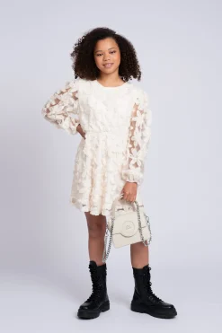 Jurk met geborduurde bloemen en mesh ballonmouwen