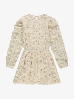 Jurk met geborduurde bloemen en mesh ballonmouwen