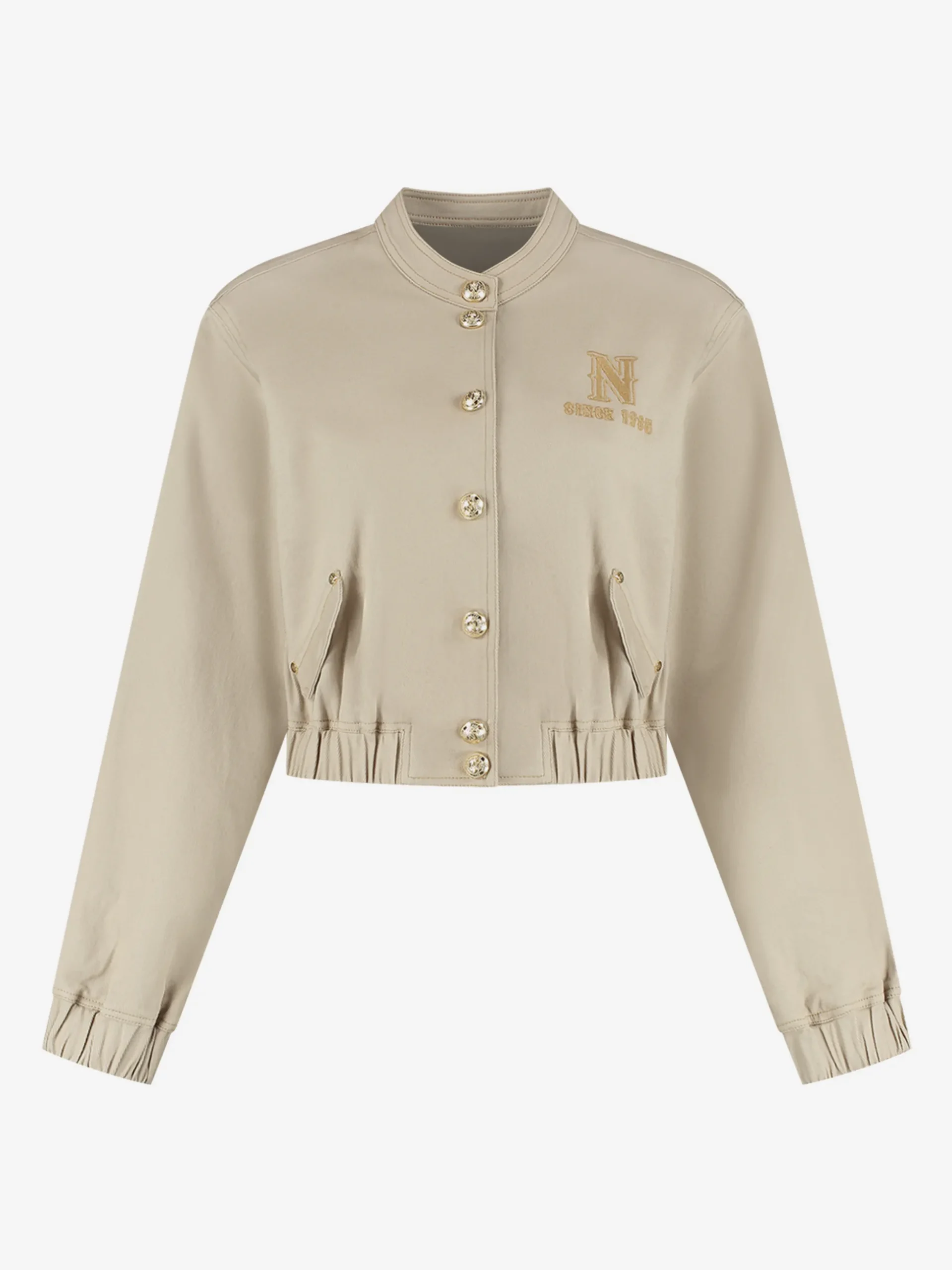 Kort denim bomberjack met logo en N-knopen