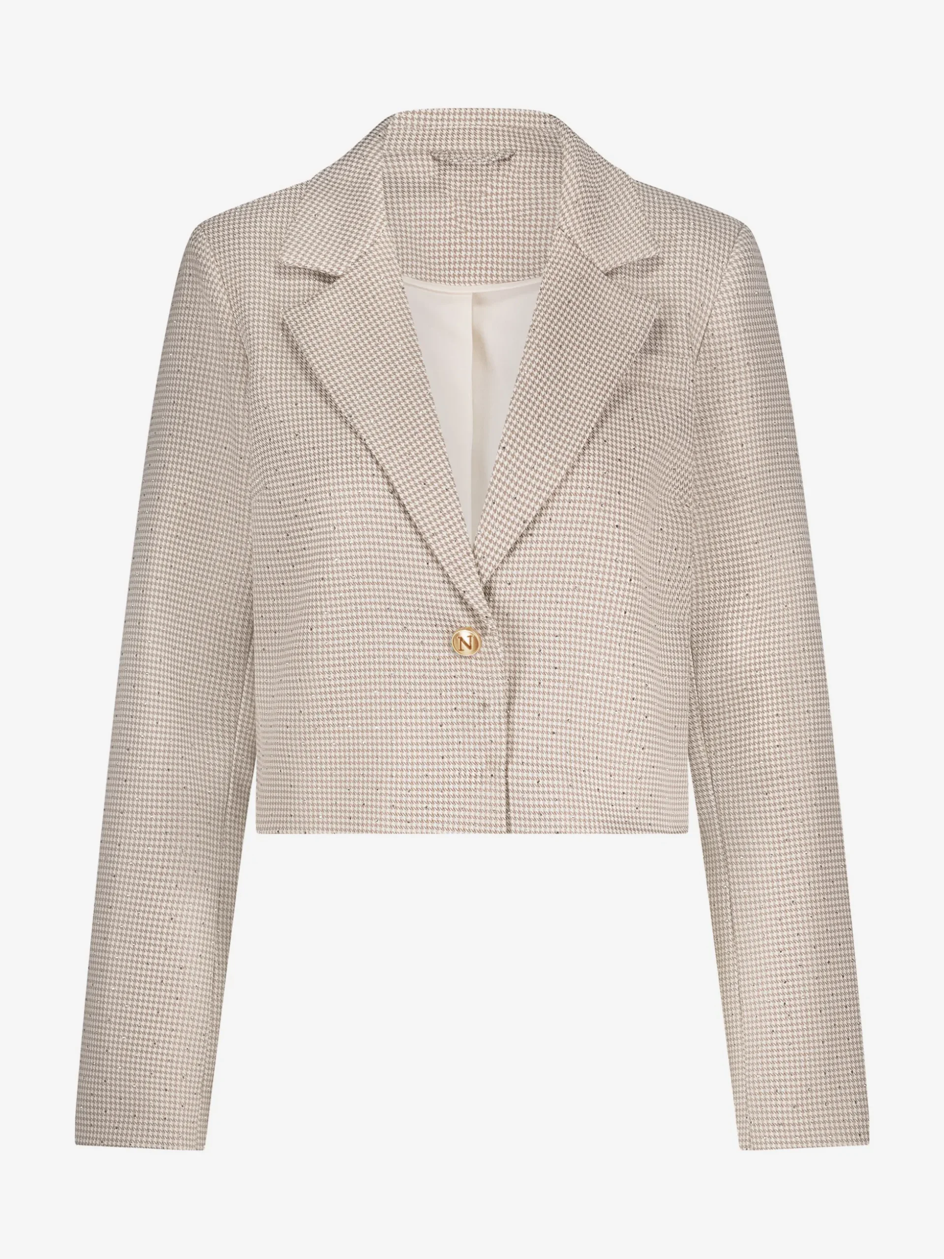 Korte blazer met pied-de-poule patroon en strass steentjes