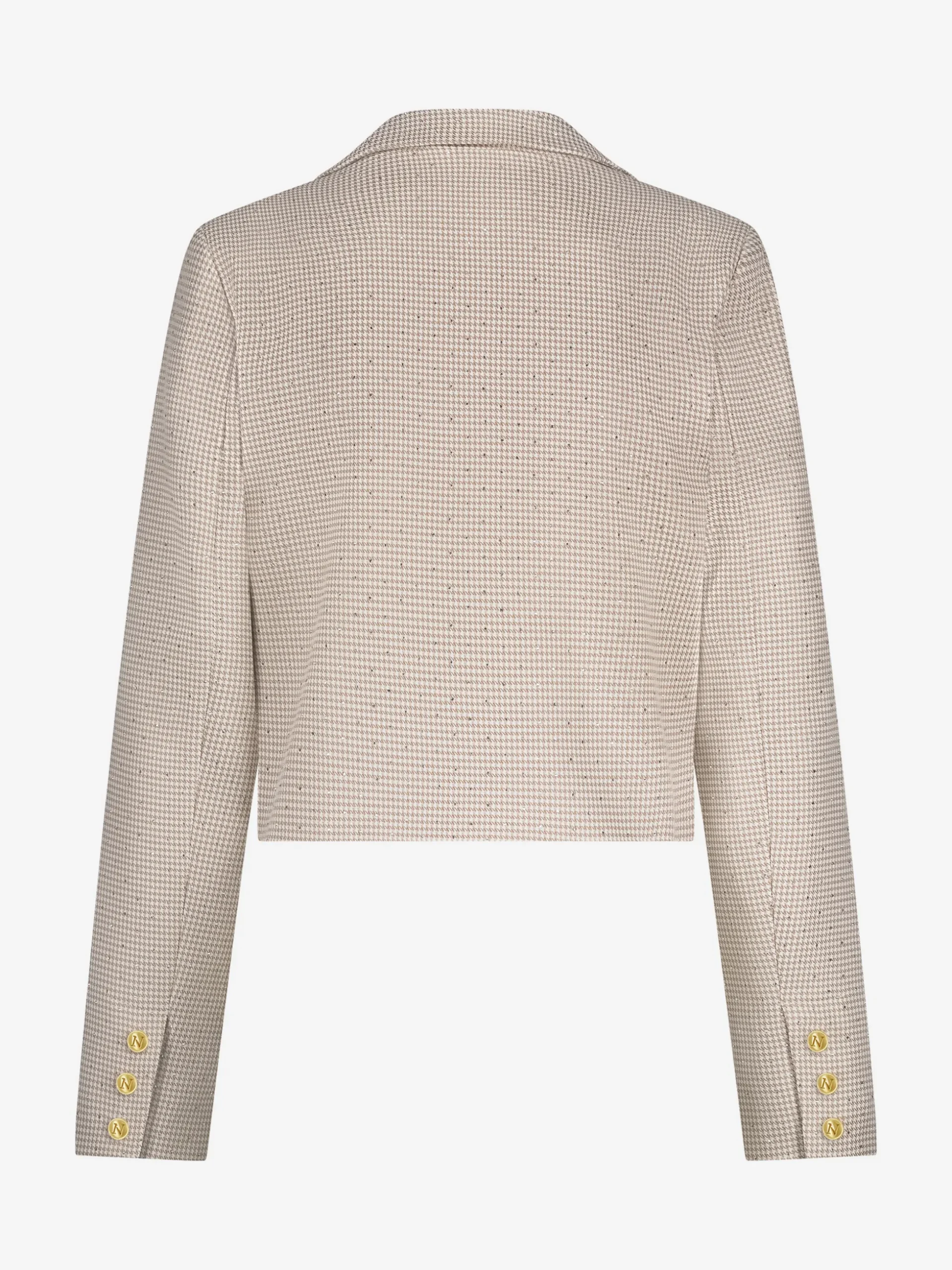Korte blazer met pied-de-poule patroon en strass steentjes