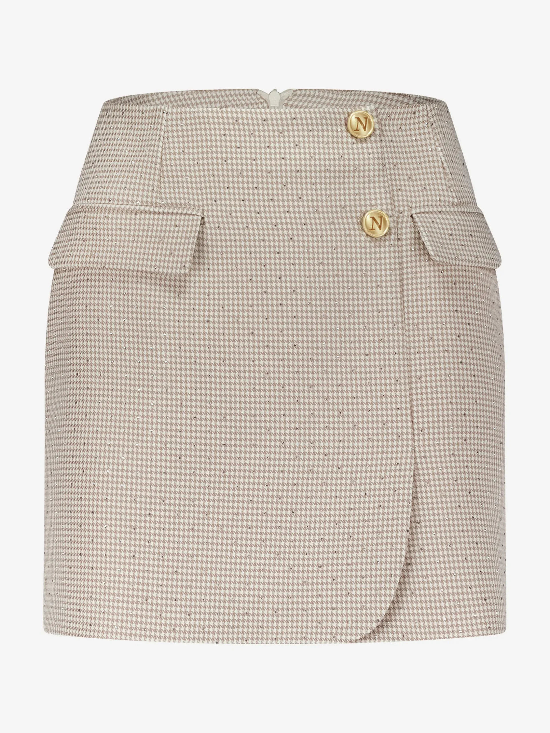 Korte rok met pied-de-poule patroon en strass steentjes