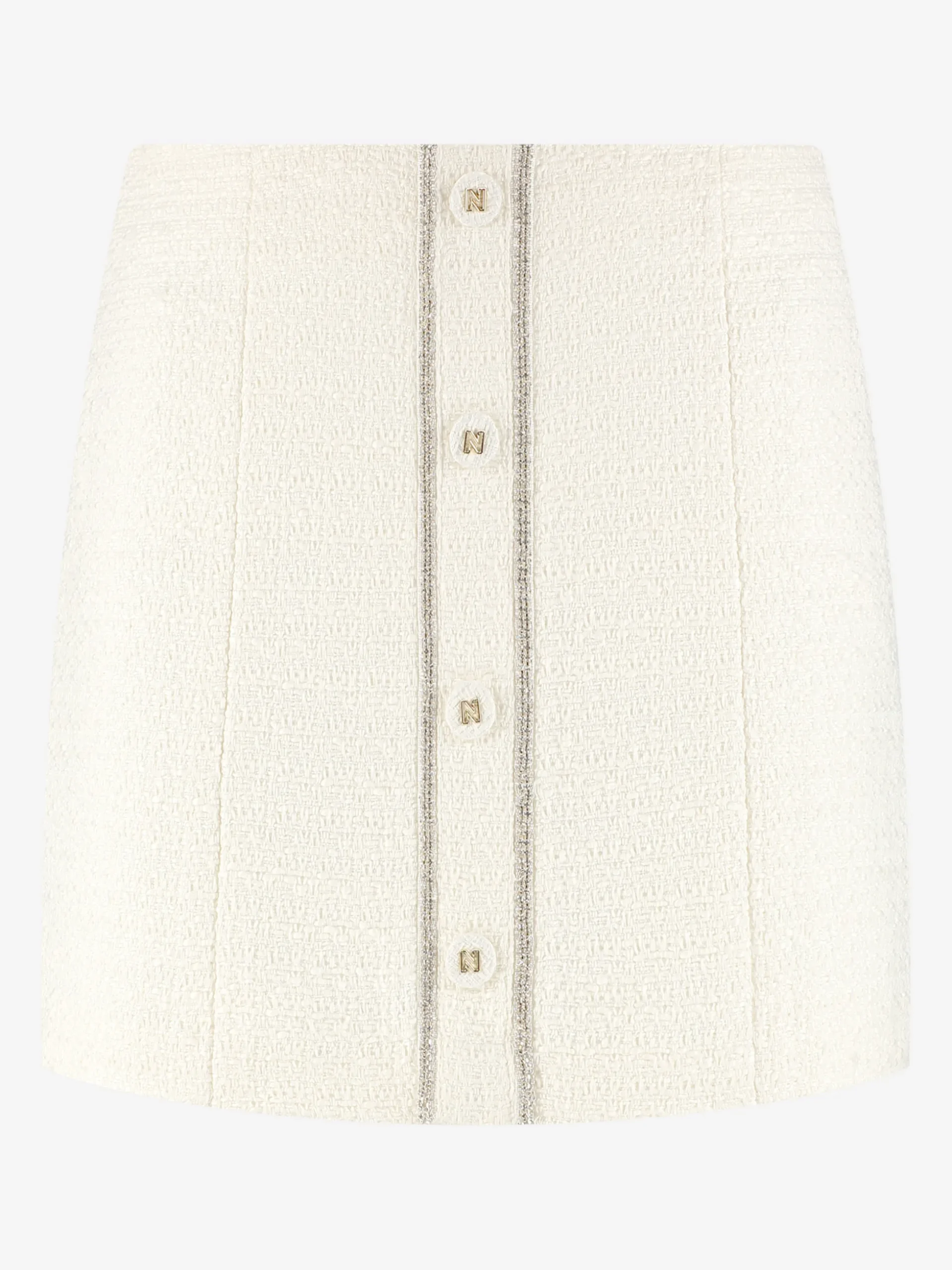 Korte tweed rok met N-knopen en glimmende biezen