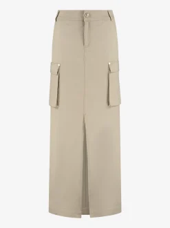 Lange denim rok met split en klepzakken