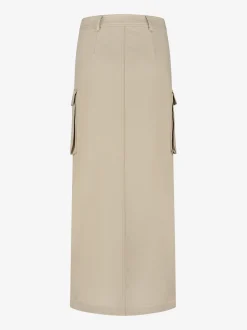 Lange denim rok met split en klepzakken
