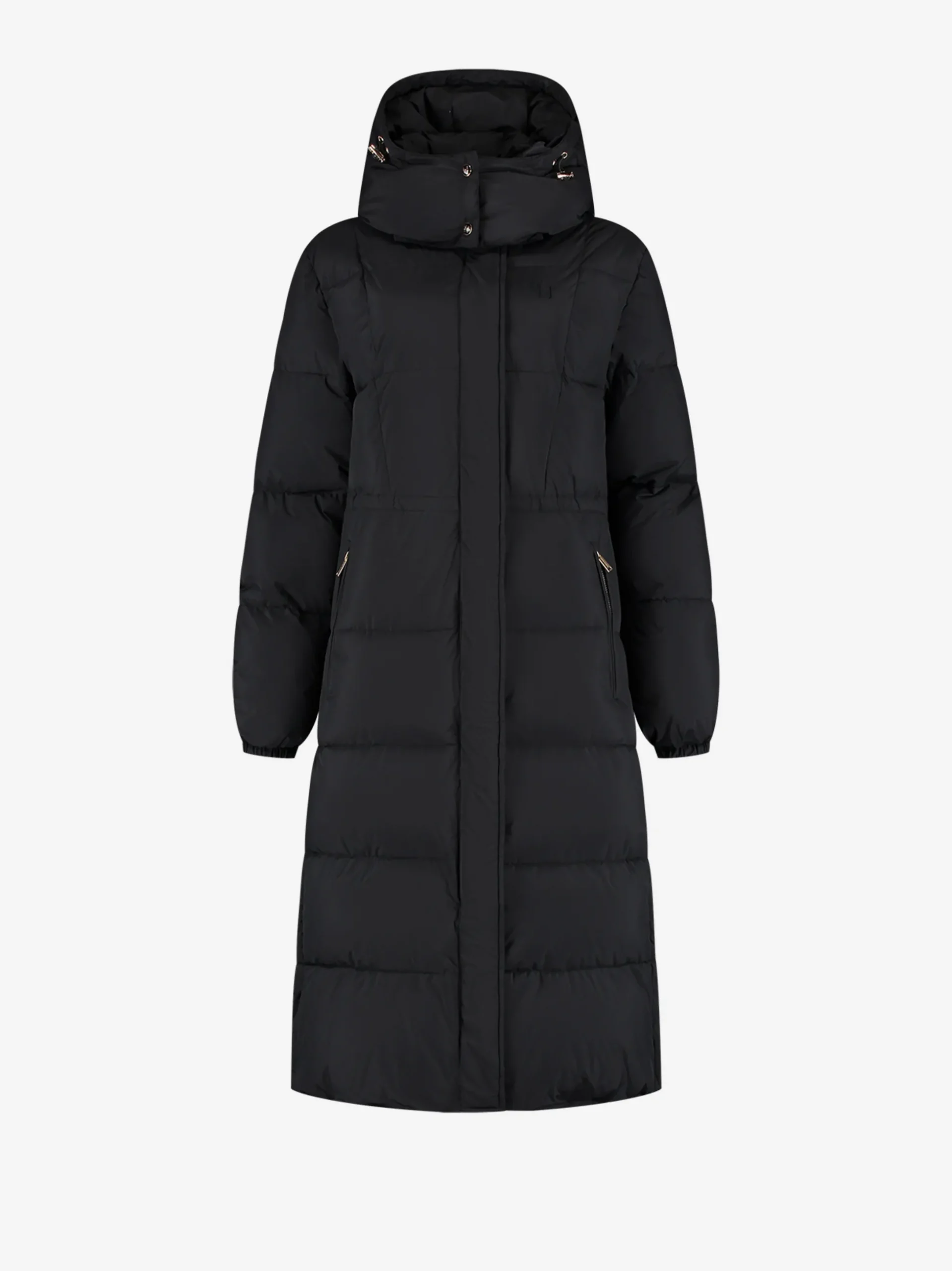 Lange puffer jas met capuchon en getailleerde taille
