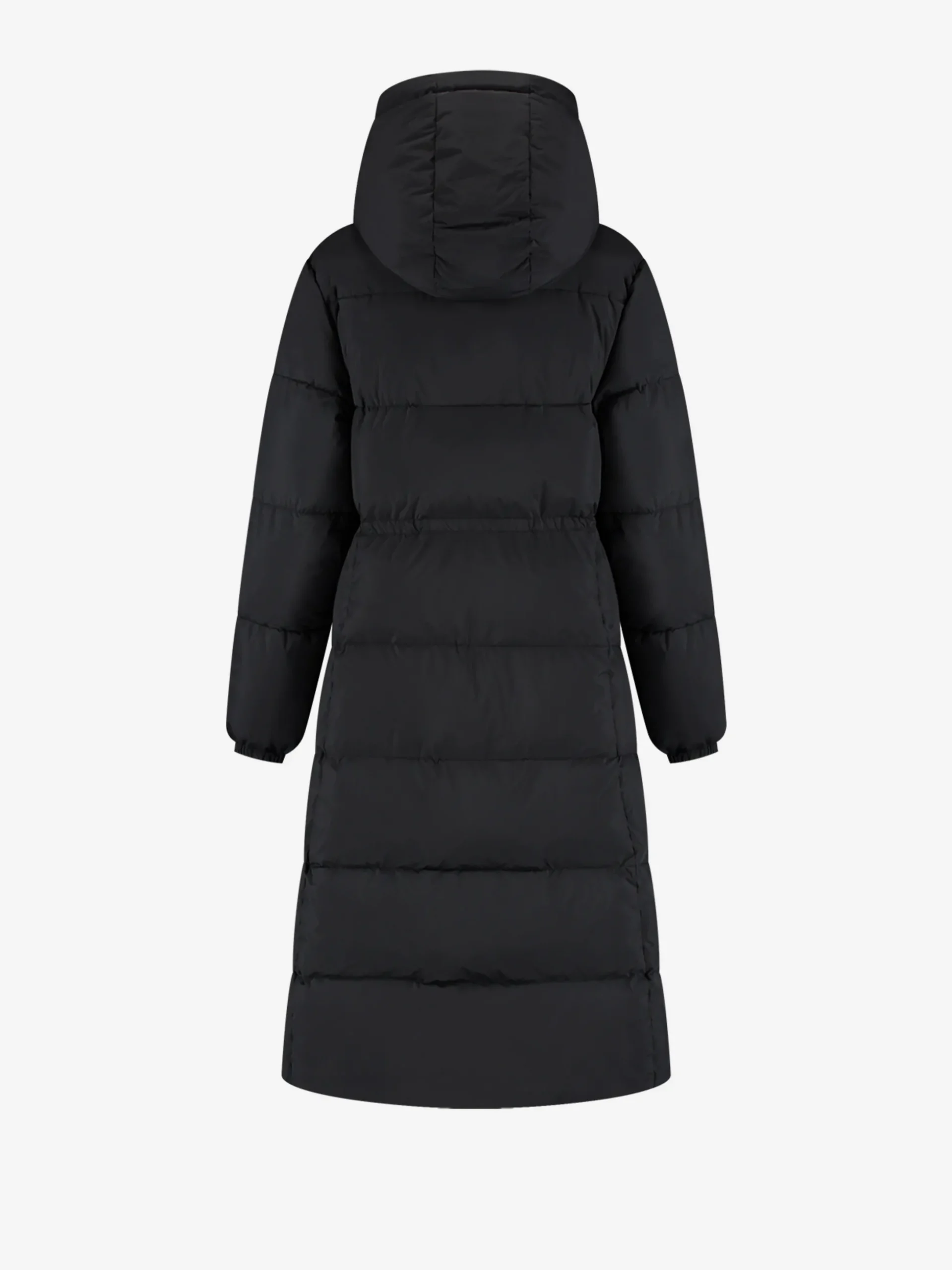 Lange puffer jas met capuchon en getailleerde taille