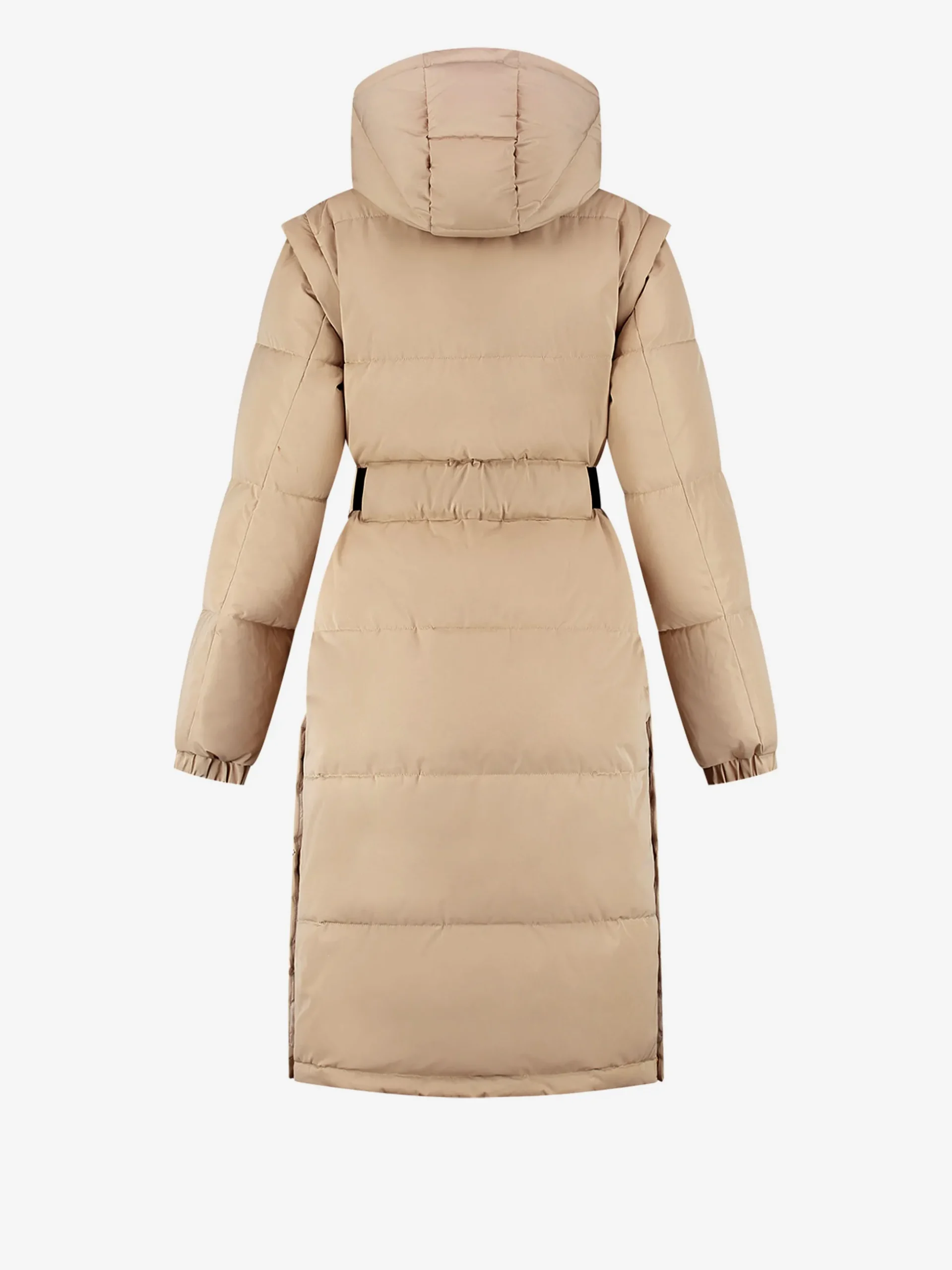 Lange puffer jas met riem en afneembare mouwen
