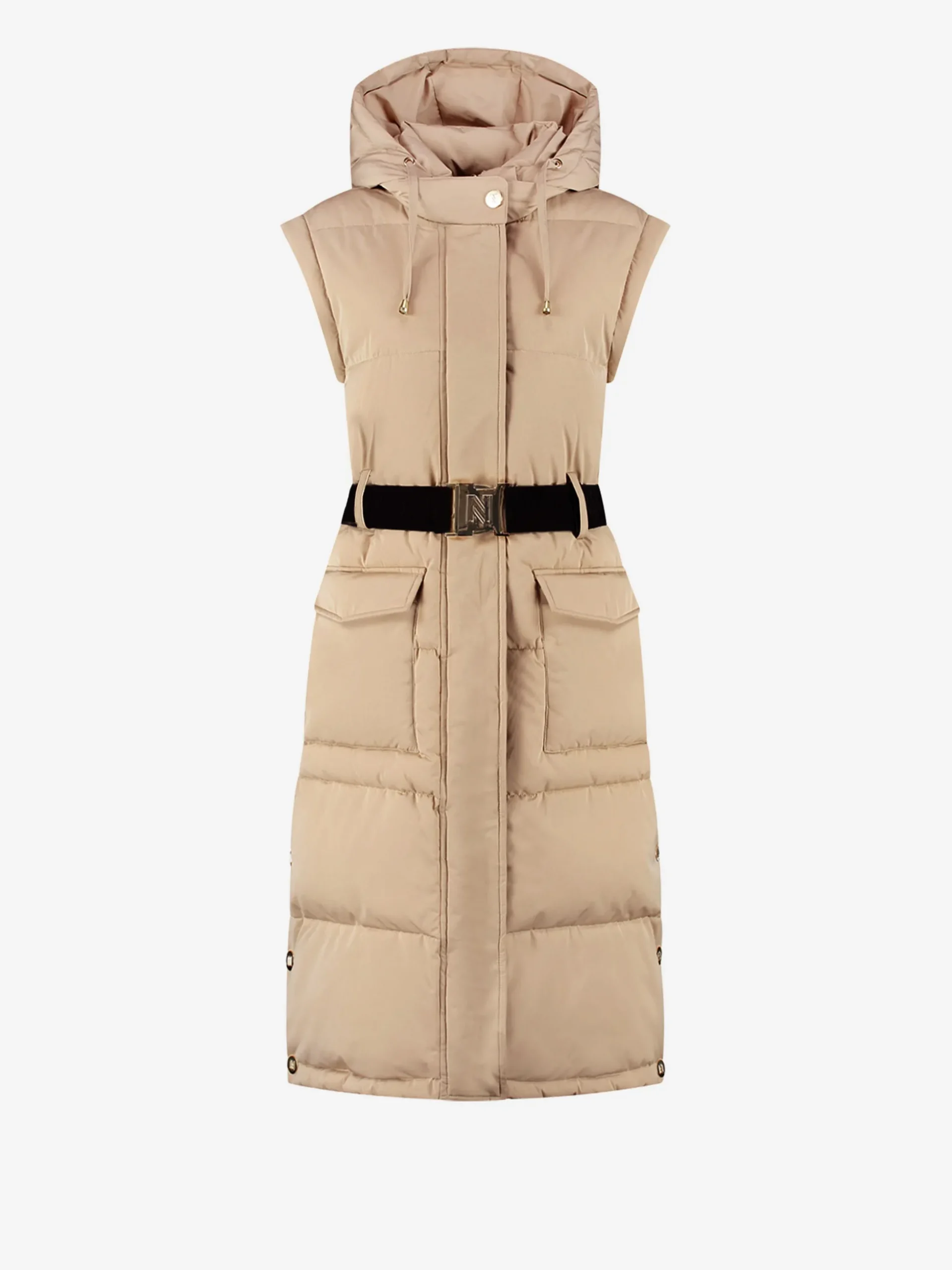 Lange puffer jas met riem en afneembare mouwen
