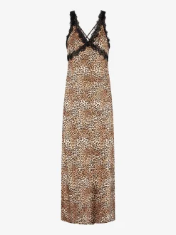 Lange satijnlook jurk met luipaardprint en kanten details