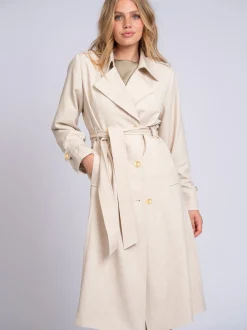 Lange trenchcoat met melange patroon en ceintuur