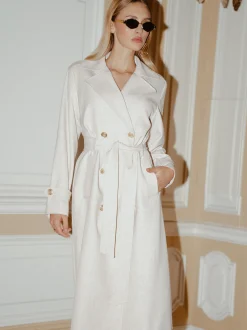 Lange trenchcoat met melange patroon en ceintuur