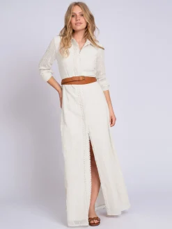 Maxi blousejurk van broderie anglaise met strikceintuur