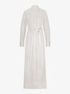 Maxi blousejurk van broderie anglaise met strikceintuur