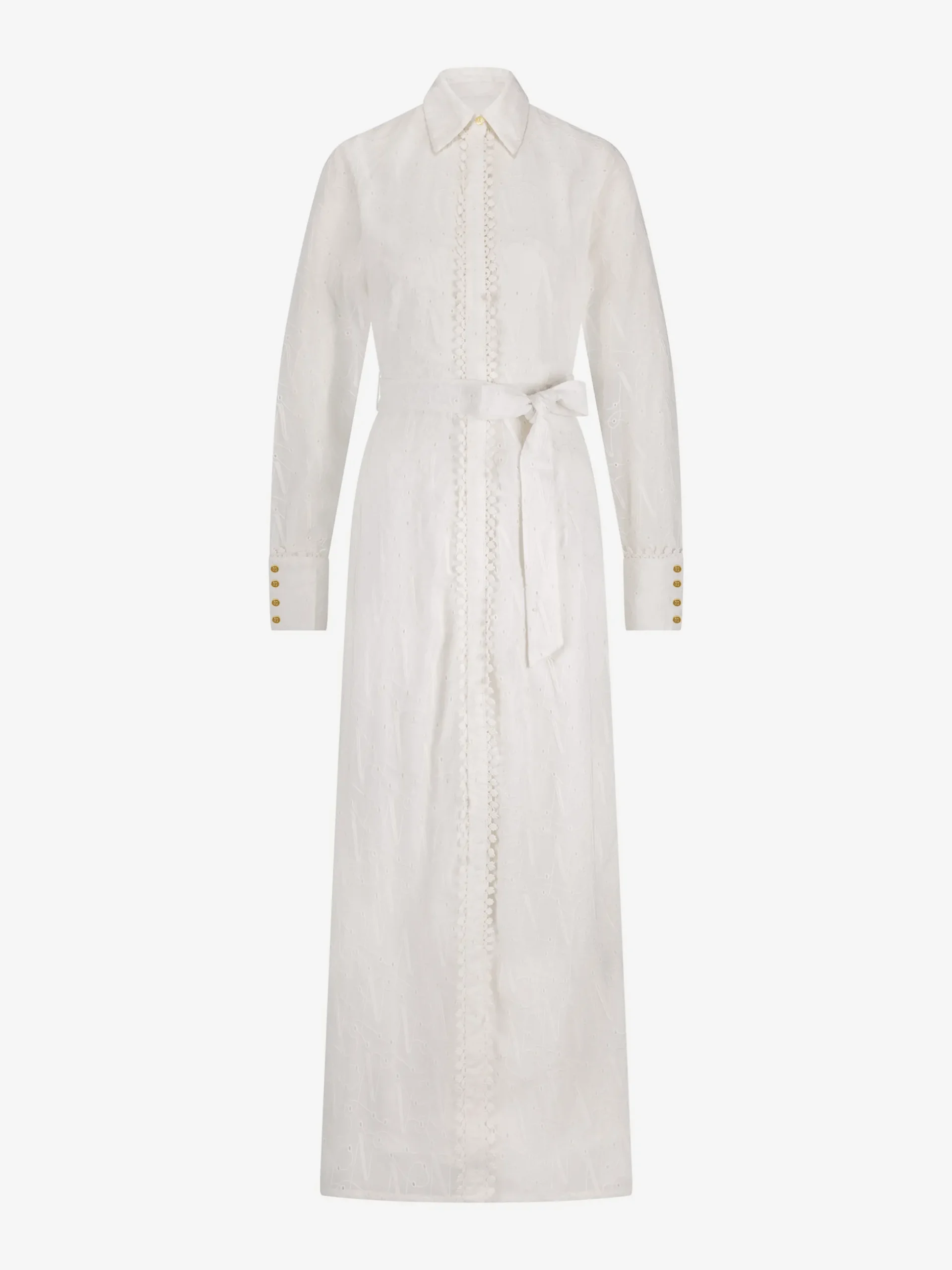 Maxi blousejurk van broderie anglaise met strikceintuur