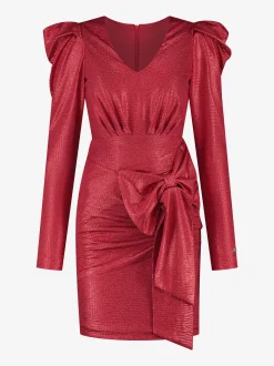 Metallic jurk met pofmouwen en strik detail