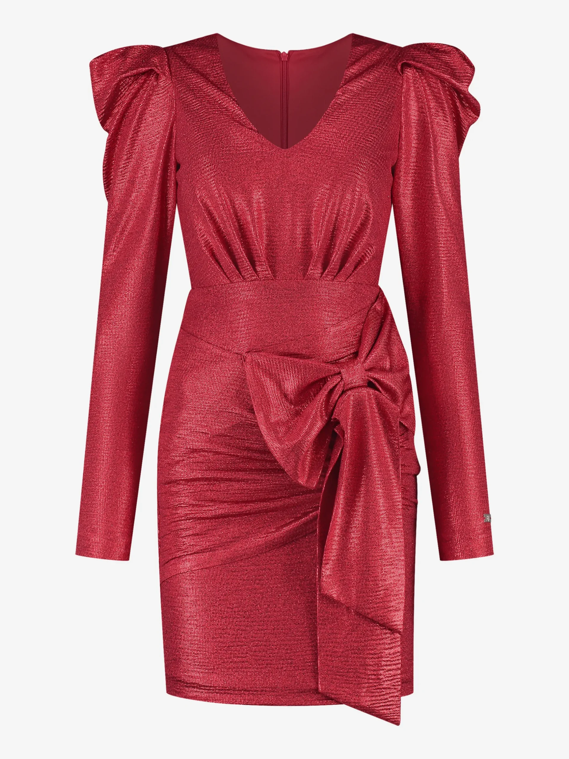 Metallic jurk met pofmouwen en strik detail