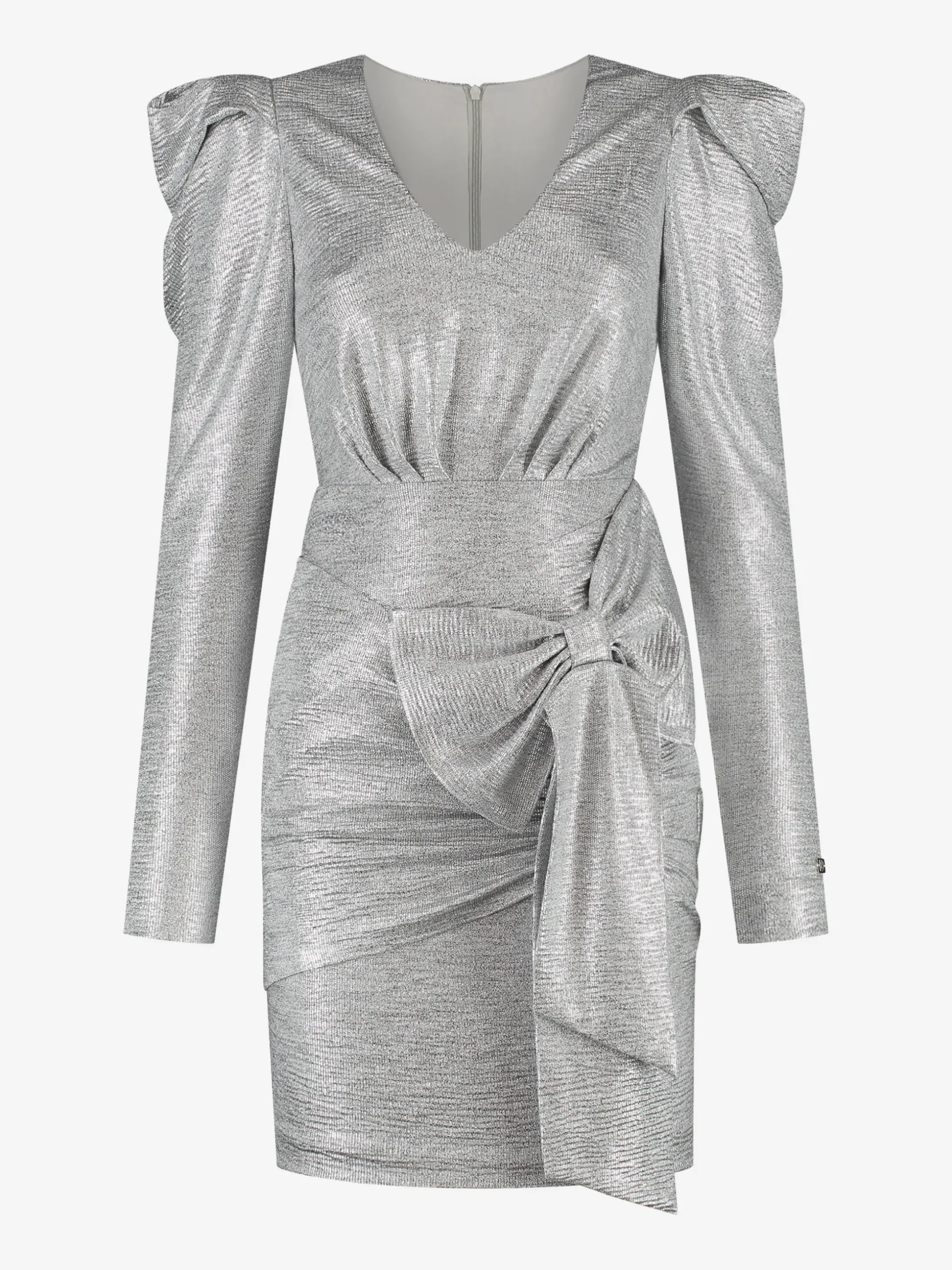 Metallic jurk met pofmouwen en strik detail
