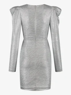 Metallic jurk met pofmouwen en strik detail