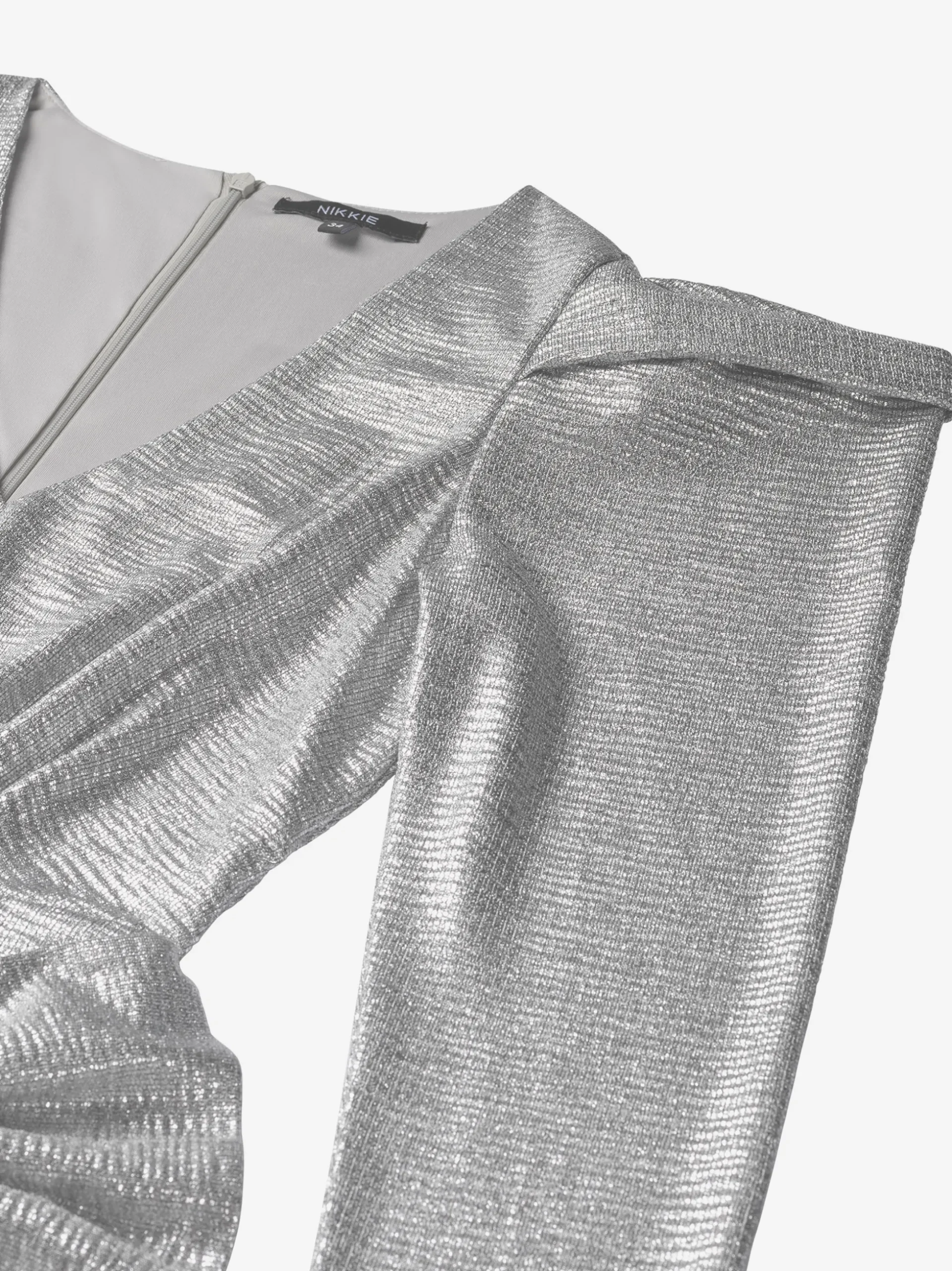 Metallic jurk met pofmouwen en strik detail