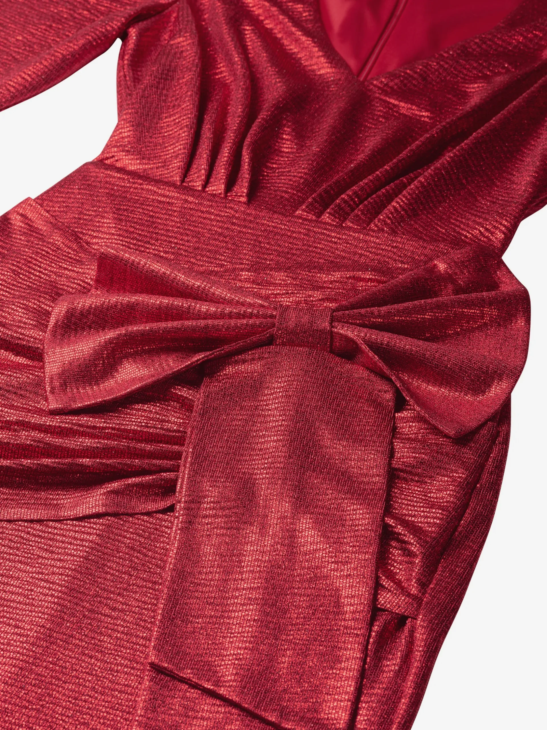Metallic jurk met pofmouwen en strik detail