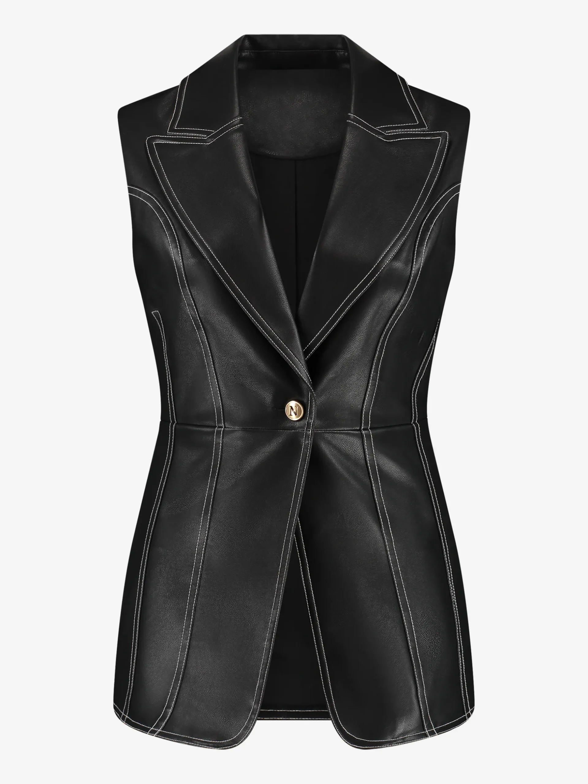 Mouwloos gilet van imitatieleer met witte stiksels