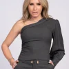 One shoulder top met ballonmouw
