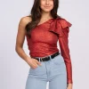 One shoulder top met strik op schouder