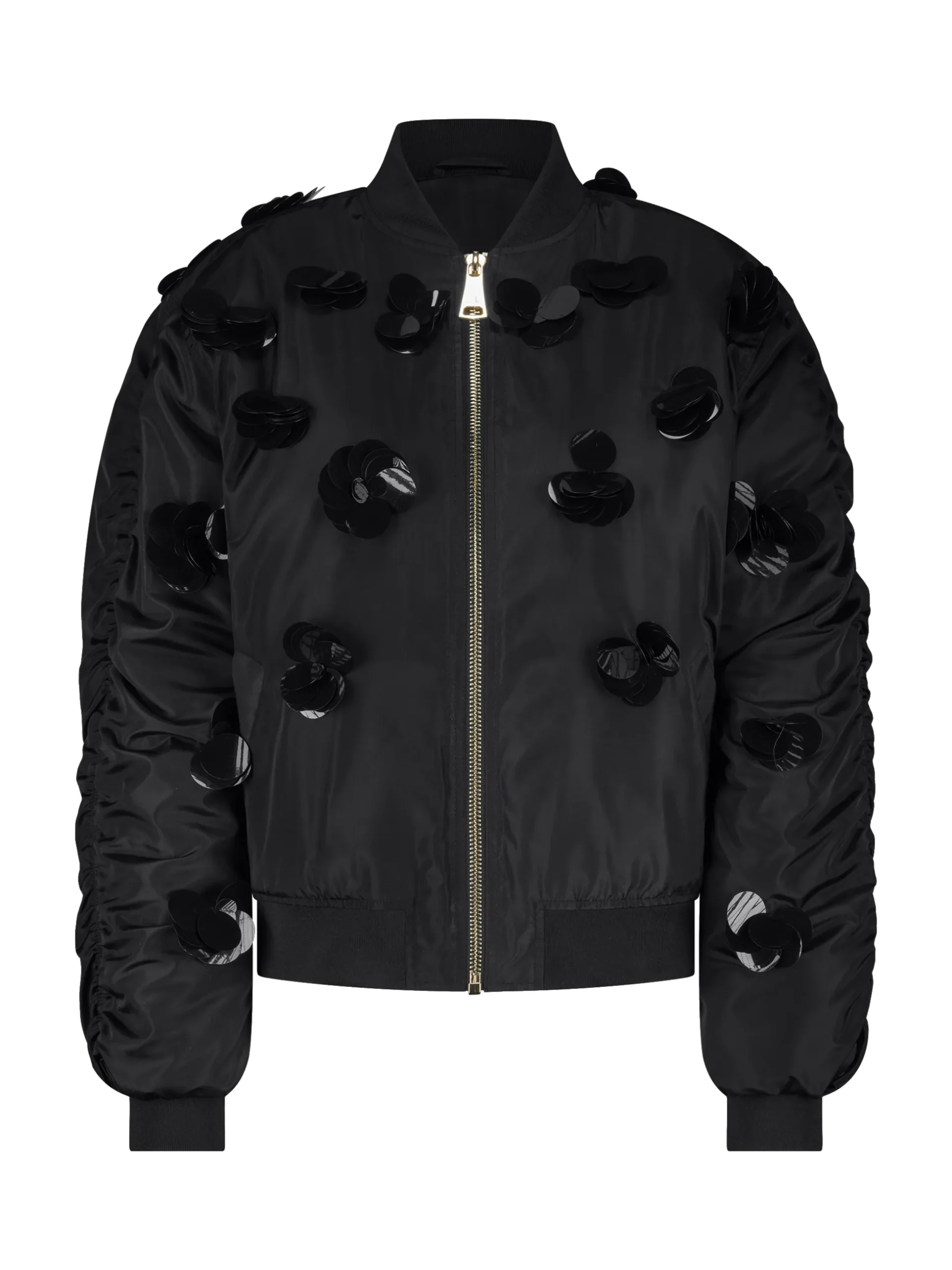 Oversized bomber jack met pailletten en geplooide mouwen