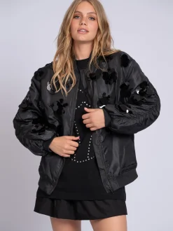 Oversized bomber jack met pailletten en geplooide mouwen