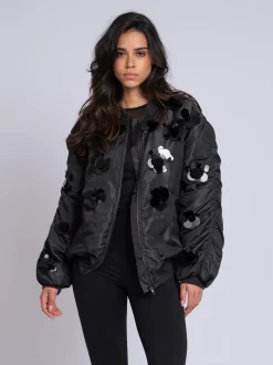 Oversized bomber jack met pailletten en geplooide mouwen