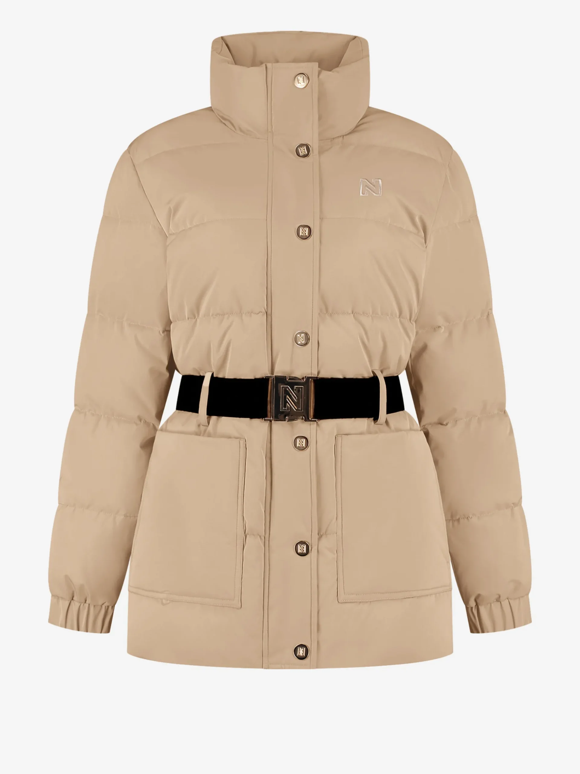 Puffer jas met hoge hals en riem