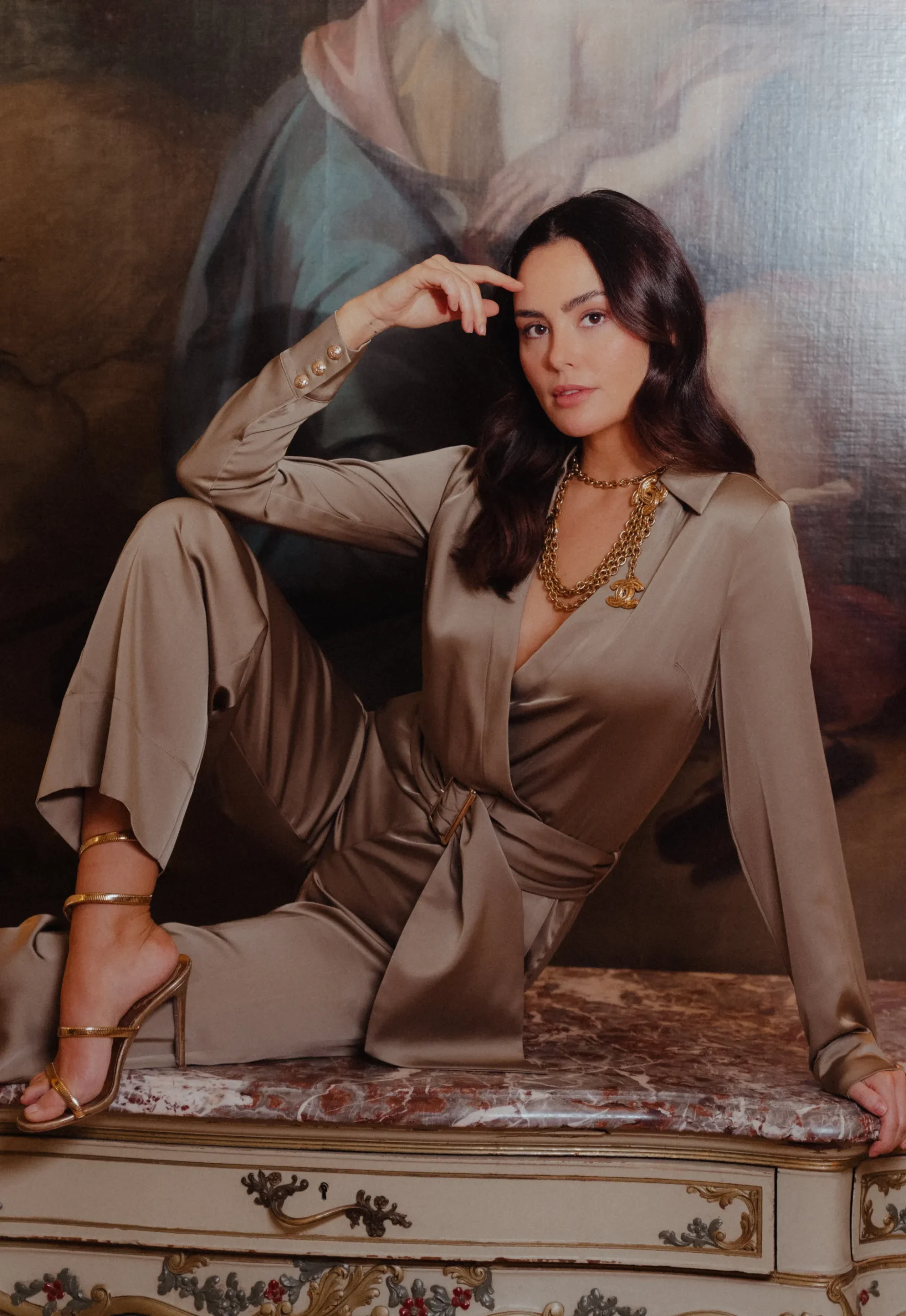 Satijnlook jumpsuit met ceintuur