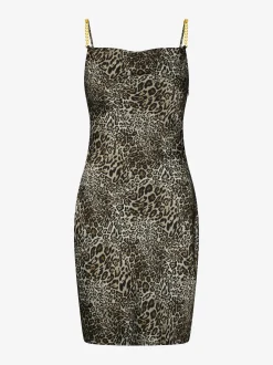 Satijnlook jurk met luipaardprint en watervalhals