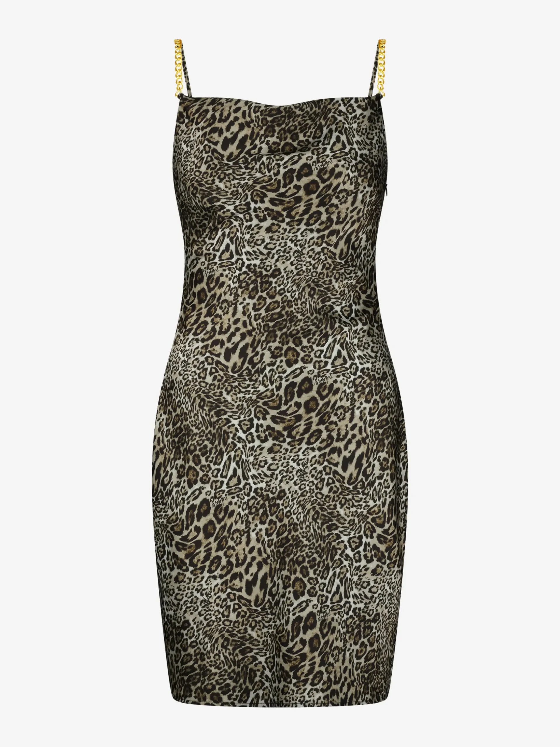 Satijnlook jurk met luipaardprint en watervalhals