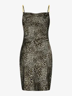 Satijnlook jurk met luipaardprint en watervalhals