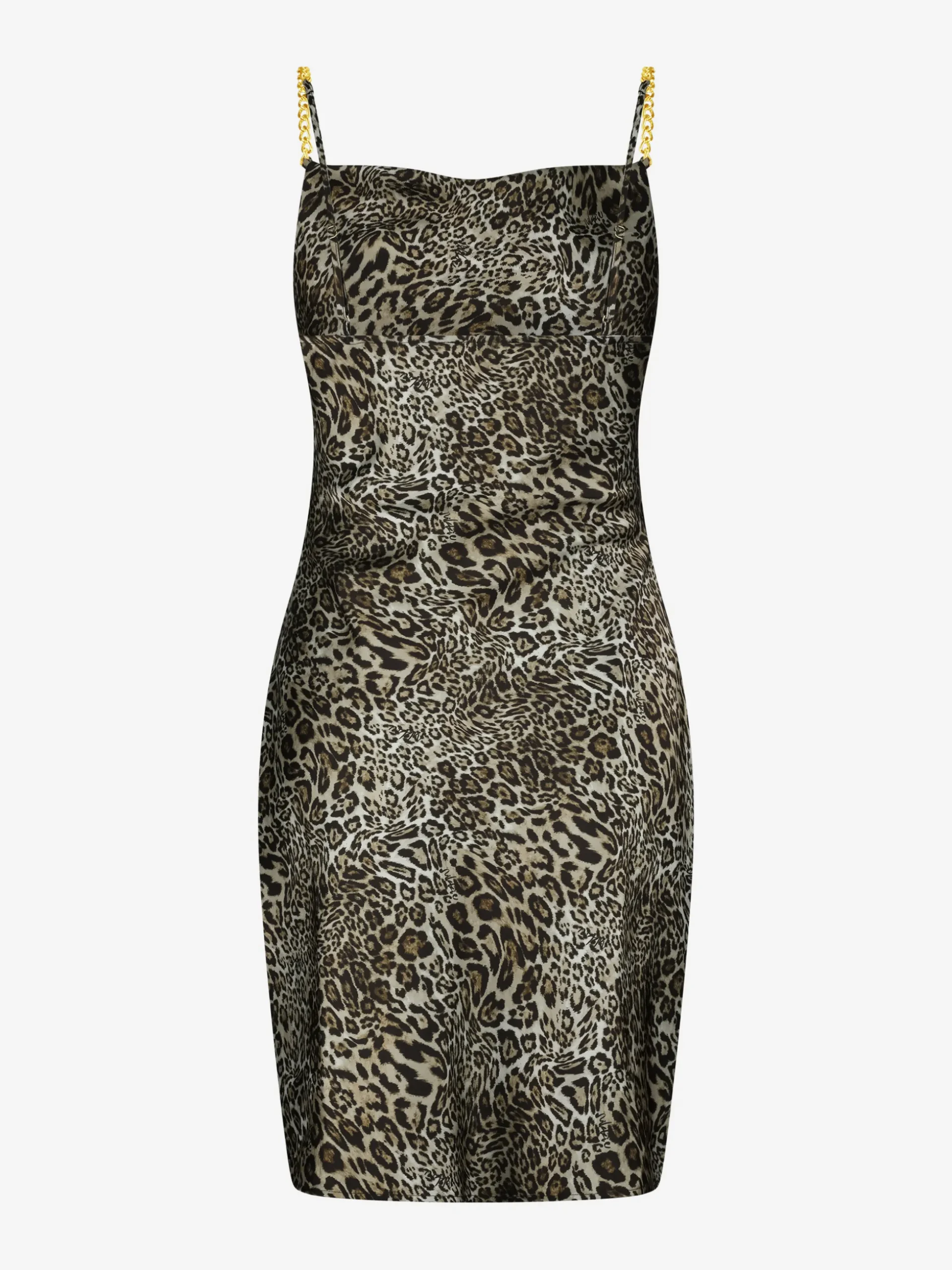 Satijnlook jurk met luipaardprint en watervalhals