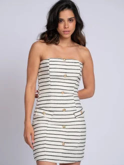Strapless jurk met gestreept patroon en N-knopen