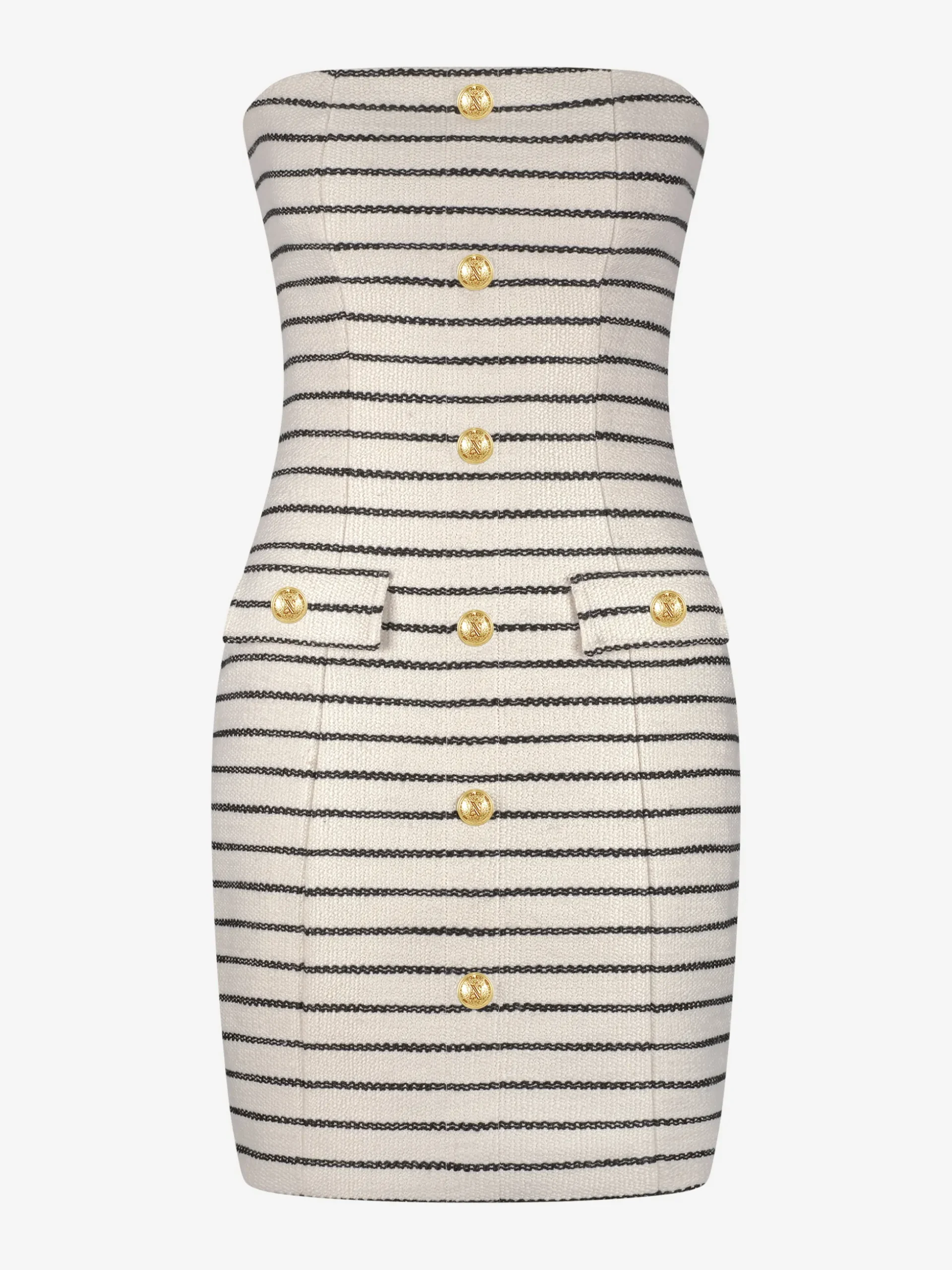 Strapless jurk met gestreept patroon en N-knopen