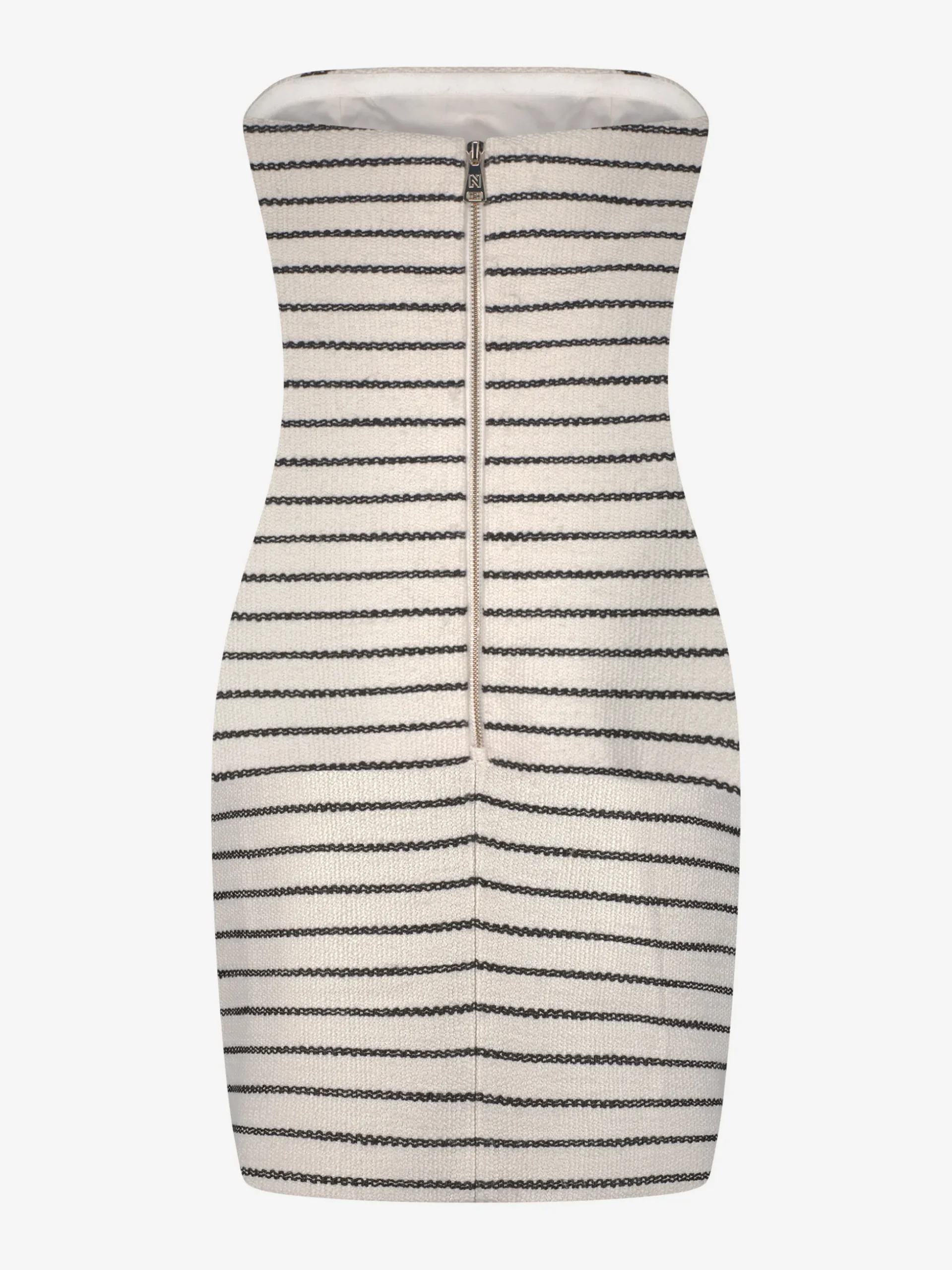 Strapless jurk met gestreept patroon en N-knopen