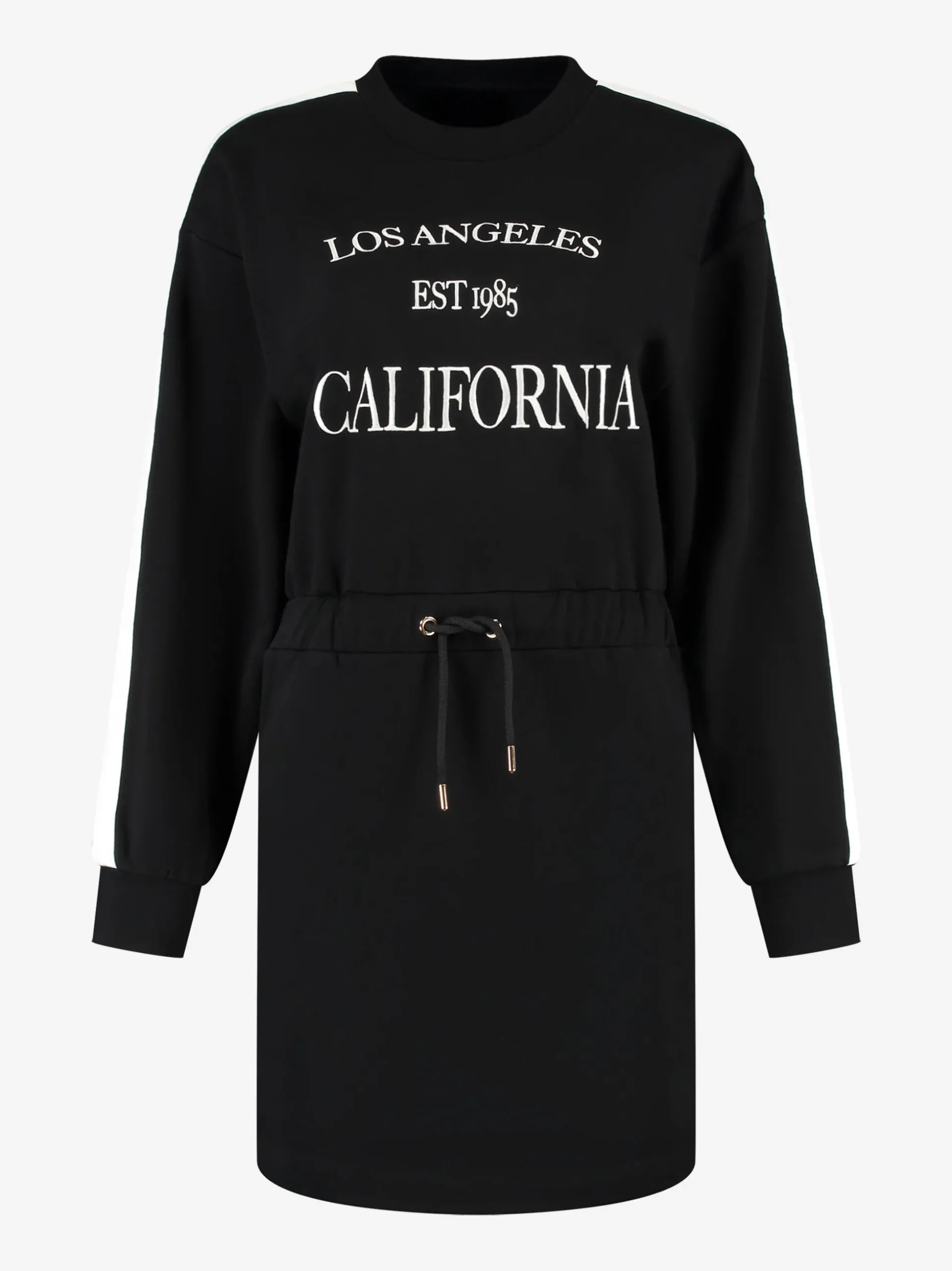 Sweater jurk met tekst en strepen detail